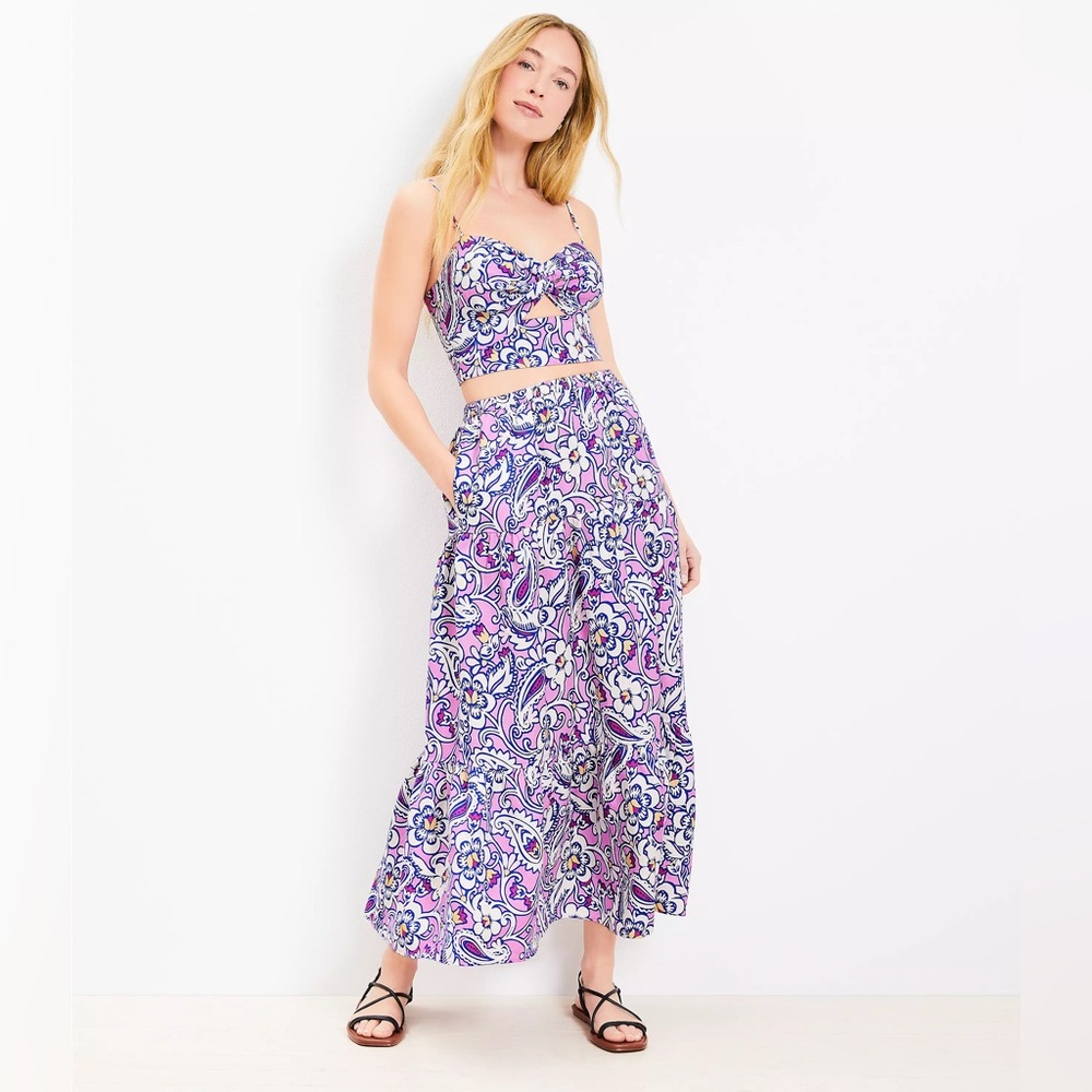 NWT Beach Paisley Linen Blend Tiered Maxi Pocket Skirt